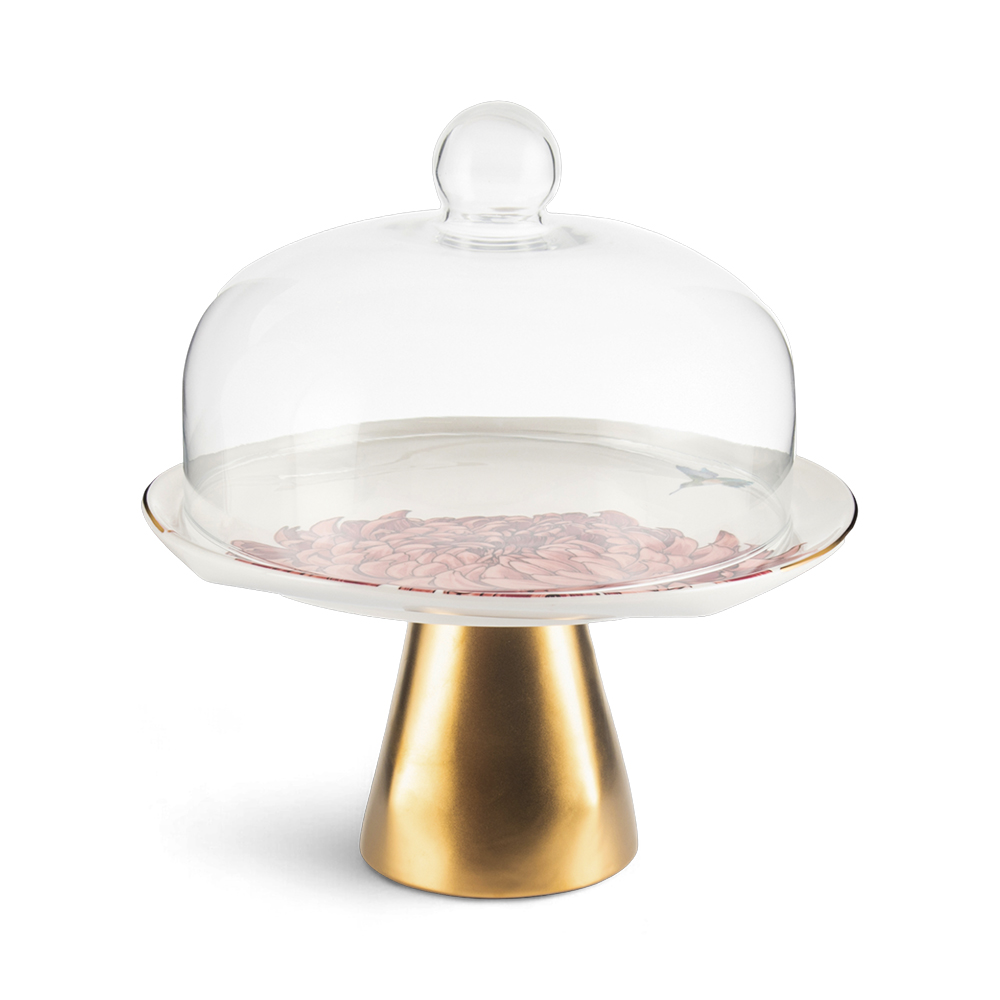 Floral Cake Stand with Glass Dome Lid