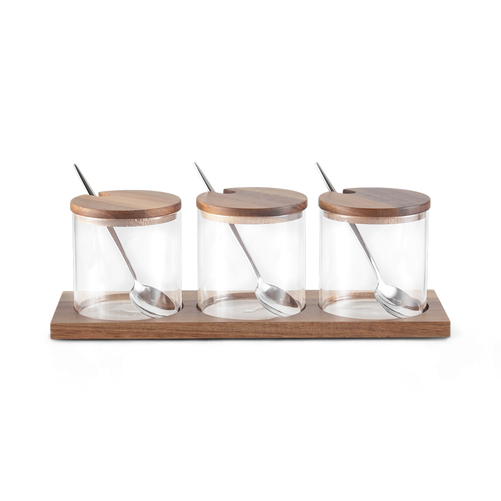 3 Pcs Canister Acacia Lid with Spoon & Tray - Image 2